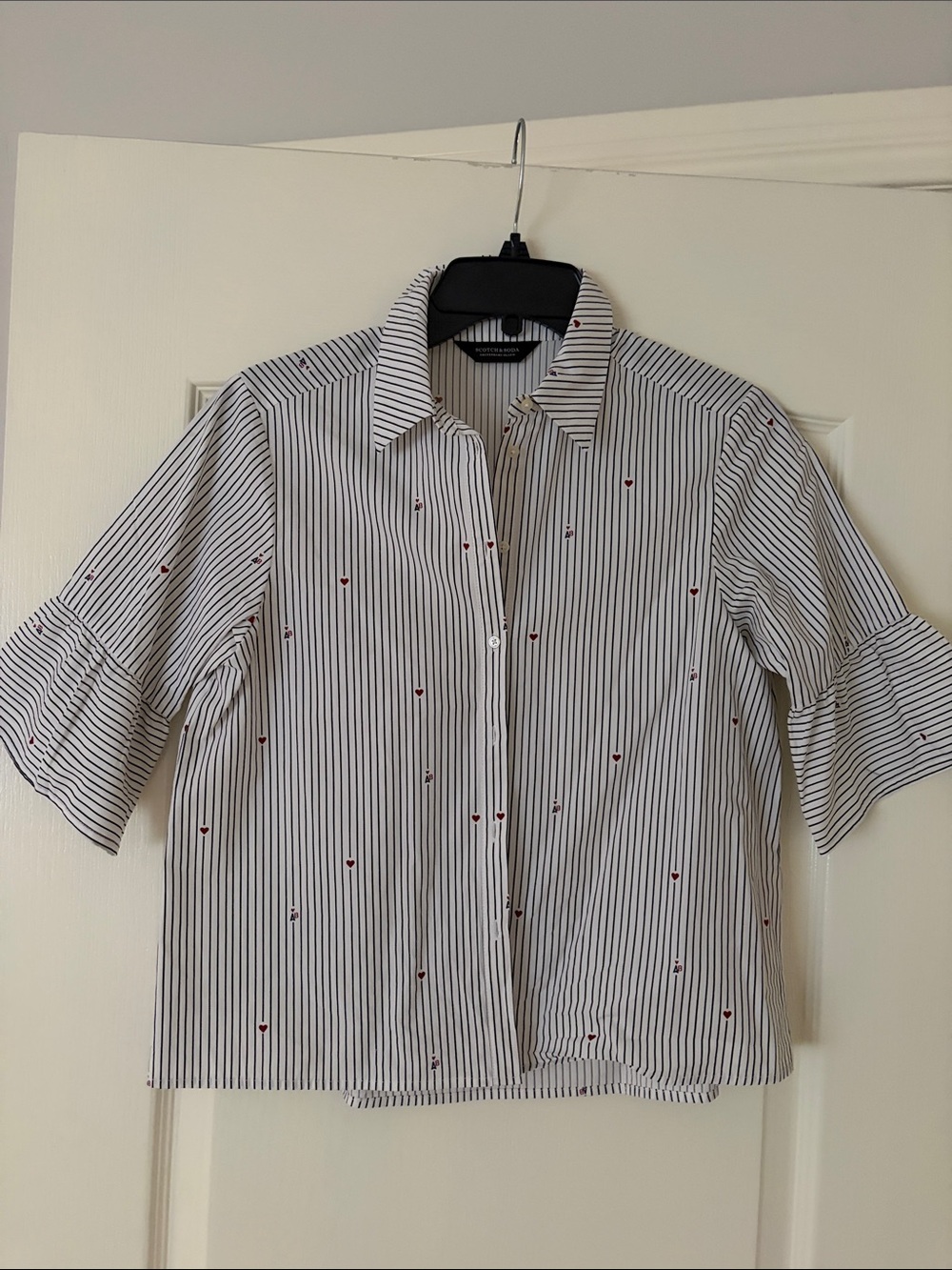 Scotch and Soda Striped Button-Down Shirt with Tiny Red Hearts -